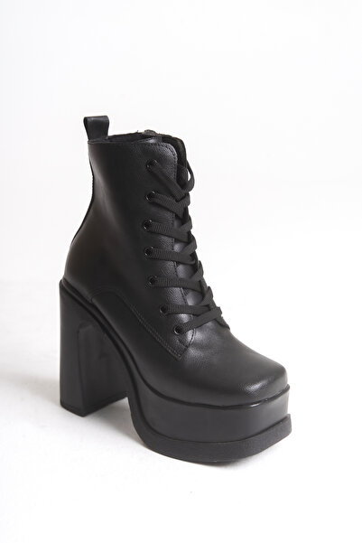 Shoesers Kadın Özel Tasarım Yüksek Platform Topuklu Küt Burun Bağcıklı ve Fermuarlı Bot