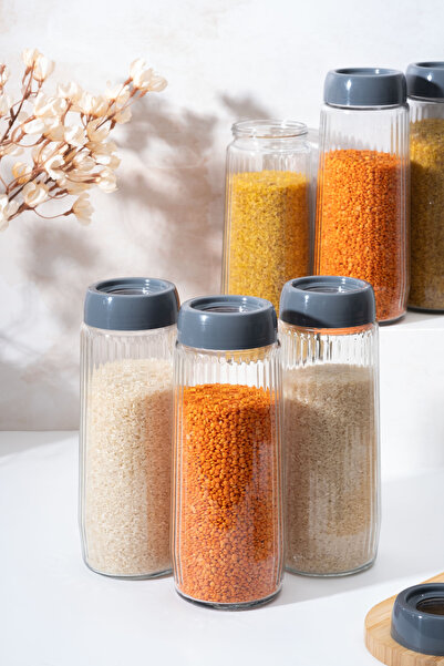 Homekolik Set of 6 Anthracite Lid 1500 ml Glass Jars – , Airtight, Modern Kitchen Storage Container