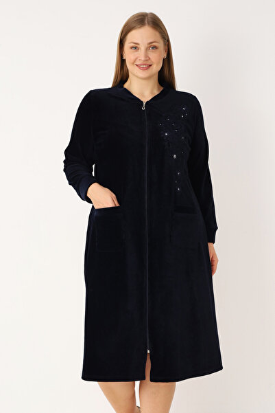 İntensive Lacivert Nakış Ve Taş Detaylı Pamuklu Kadife Fermuarlı Uzun Kollu Kadın Büyük Beden Elbise