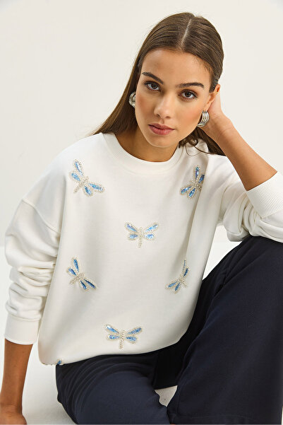Bianco Lucci Kadın Bisiklet Yaka Kelebek Taş İşlemeli Relaxed Sweatshirt 1558 60283660