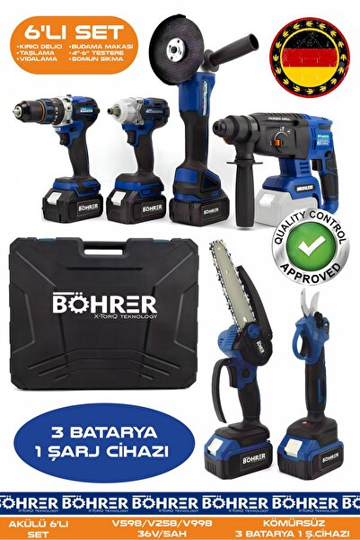 BÖHRER AKÜLÜ 6 LI KOMBO SET BA011133M, 30MM BUDAMA MAKASI + 10 - 15CM BUDAMA TESTERELİ + TAŞLAMA + KIRICI