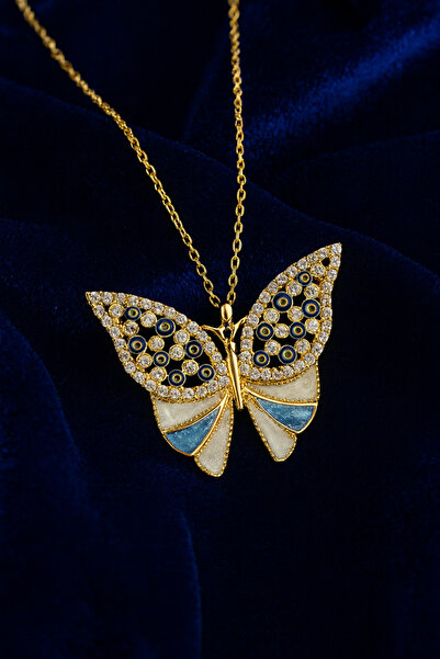 KAR DİAMOND 925 Ayar Gümüş Altın Kaplama Kelebek Kolye Nazar Boncuklu Sertifi...