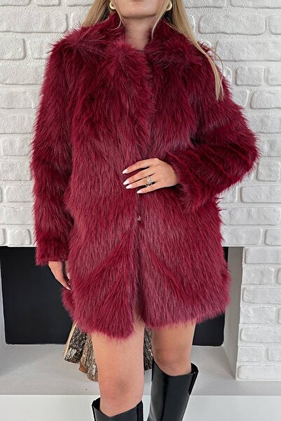 VAGGON Women's Burgundy Long Furry Soft Textured Stylish Plush Coat Vs01116