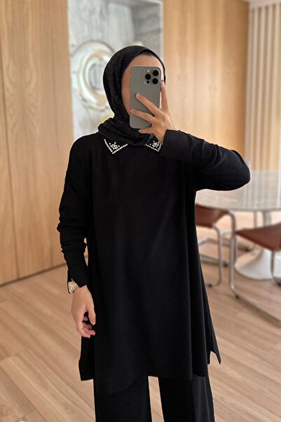 Ka Hijab Slit Detail Collar Stoned Mercerized Suit - Black