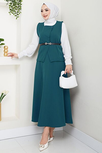 hafsamina Double Suit with Vest and Skirt Petrol Hm2690