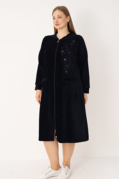 İntensive Lacivert Nakış Ve Taş Detaylı Pamuklu Kadife Fermuarlı Uzun Kollu Kadın Büyük Beden Elbise