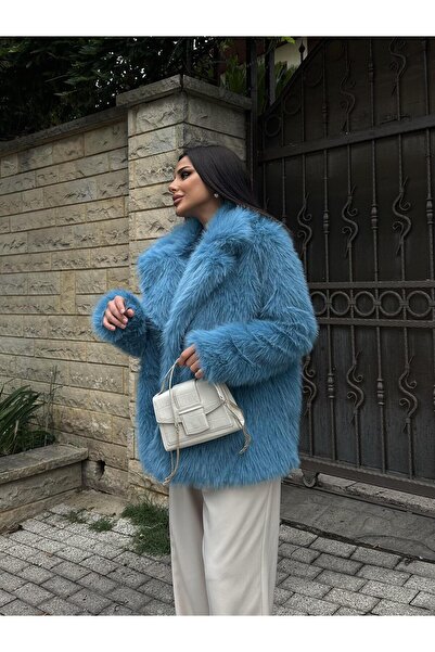 bykadriyeyılmaz Furora Erkek Yaka Suni Kürk Mavi