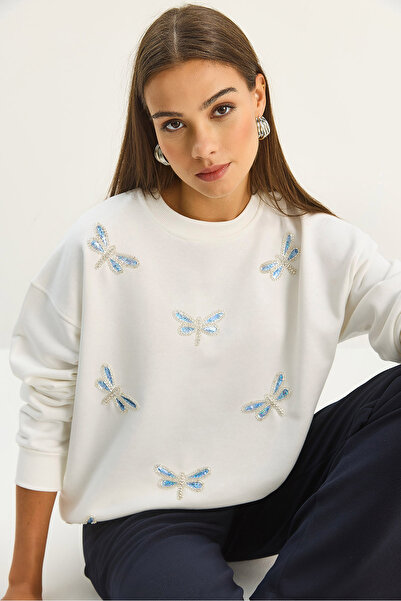 Bianco Lucci Kadın Bisiklet Yaka Kelebek Taş İşlemeli Relaxed Sweatshirt 1558 60283660
