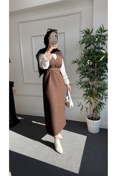 Nisa Nalbantoğlu Kahverengi Sim Detaylı Tüvit Tesettür Jile