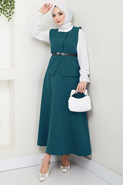 hafsamina Double Suit with Vest and Skirt Petrol Hm2690