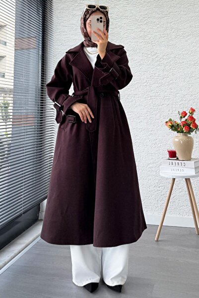 MELEK ARAZ Premium Oversize Eva Cashmere Coat with Buckle on the Sleeve – Red Brown