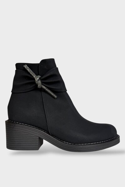 Liger Taş Detaylı Kalın Topuklu Kadın Bot SİYAH - FÜME