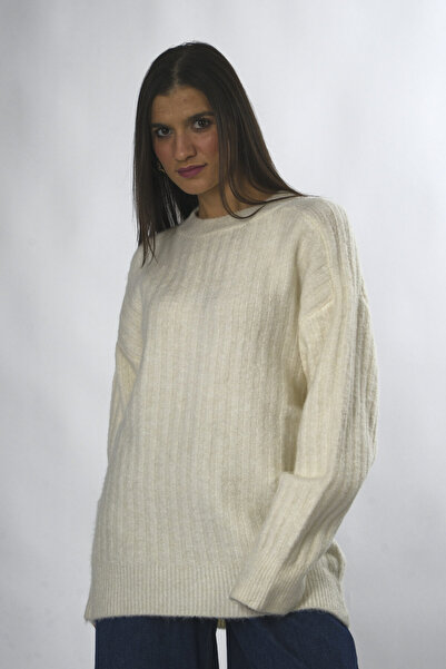 ABBRA Women's Crew Neck Oversize Ribbed Knitwear Sweater