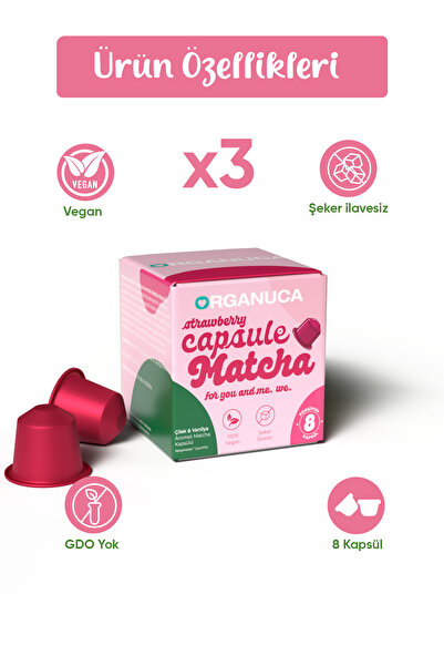 Organuca Berry-Vanilla Matcha – Çilek Vanilya Aromalı Matcha Kapsül 3’lü Paket