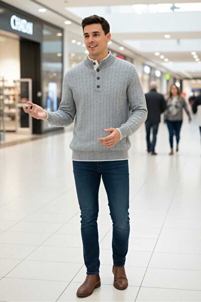 Boris Becker Ayon Gri Renk Düğmeli Yaka Saç Örgü Kaşmir Triko