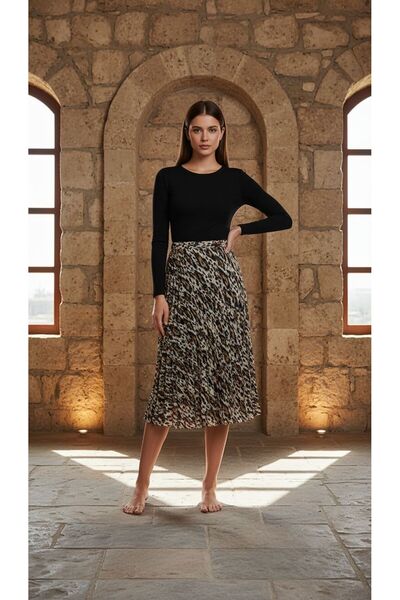 Eight Fashion Kadın Piliseli Leopar Desenli Midi Boy Etek