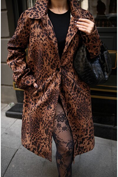 ForOus LEOPAR ASTARLI UZUN DÜĞMELİ TRENÇ