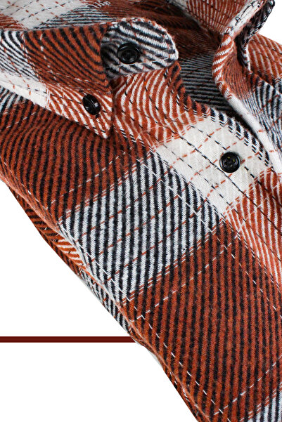 Varetta Men's Brick Color Thick Winter Plaid Lumberjack Shirt – Wide Cut Trendy Shirt Model with Pockets