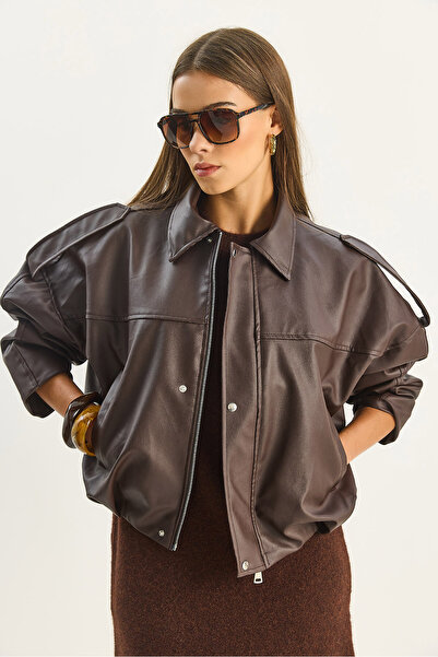 Bianco Lucci Kadın Apolet Detaylı Cepli Oversize Suni Deri Bomber Ceket 1055 60283650