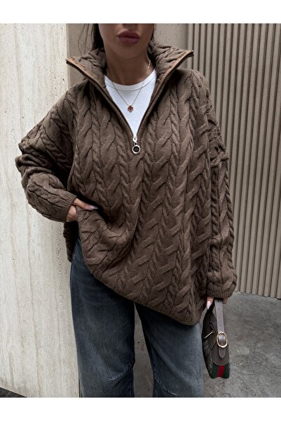 KENZA'A TRİKO Pletený oversize svetr na zip s copánkovým vzorem