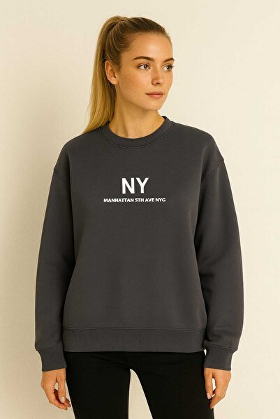 gigigiyim سويت شيرت نسائي مطبوع عليه ثلاث خيوط من نيويورك
