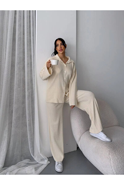 Buklemoda Buttoned Jacket Collar Knitwear Set Ecru