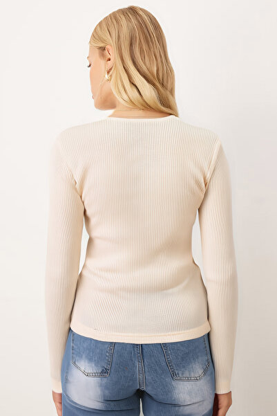 armonika Women's Ecru V-Neck Soft Textured Lace Collar Long Sleeve Blouse Arm-26K001028