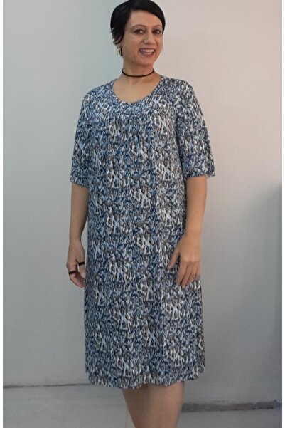 Mertcan Butik Blue Indigo Patterned Knee-Length Short-Sleeved Combed Viscose T-Shirt with Cut-Out Drawstring at the Front and Back.