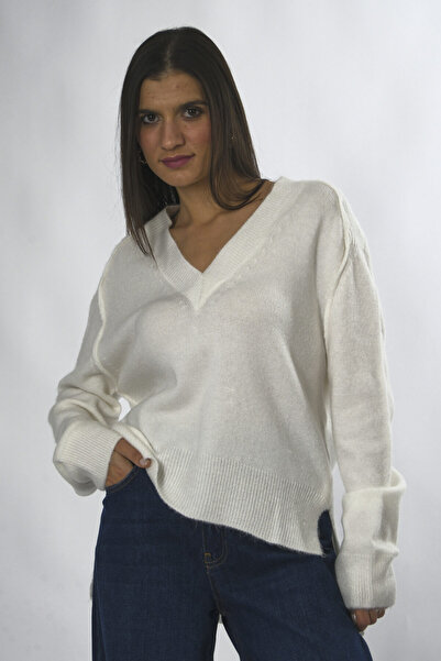 ABBRA Women's V-Neck Stitching Split Detail Knitwear Sweater