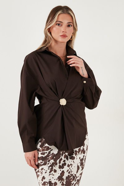 Lela Памучна риза с дълъг ръкав, с брошка, с редовна кройка SHIRT 6834990