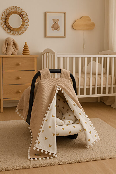 BeygeBaby Çift Katlı Kahve Pike ve Mickey Desenli Çift Yönlü Puset Örtüsü,Minderi ve Çarşafı (3LÜ SET)