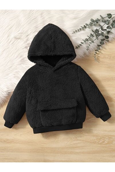 shop Black Plush Hoodie with Pocket Detail