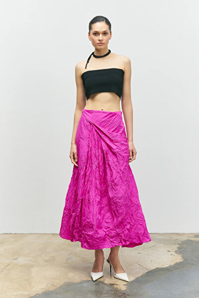 BİZE Kırışık Tafta Etek - Fuşya