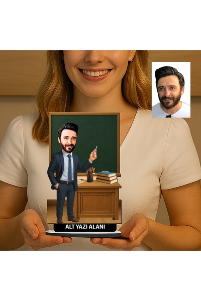MK Sanart Öğretmenler Günü Hediyesi, Kişiye Özel Karikatür Erkek Öğretmen Masa Üstü Ahşap Biblo