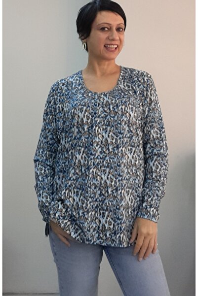 Mertcan Butik Round Neck Blue Latte Indigo Patterned Long-Sleeved Combed Viscose T-Shirt with Gathered Front