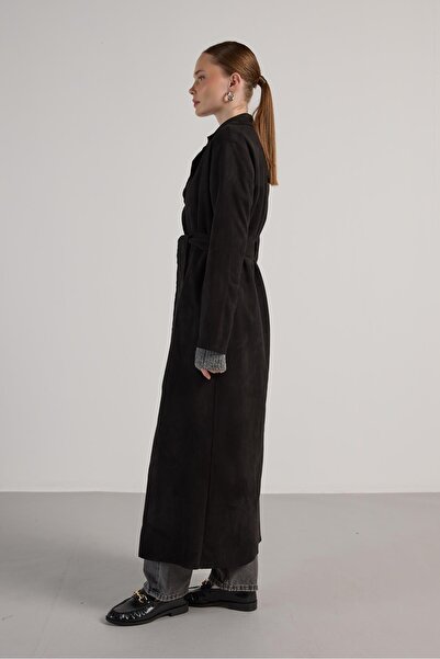 minaaise Kadın Siyah Dalgıç Süet Tam Boy Trençkot 30041