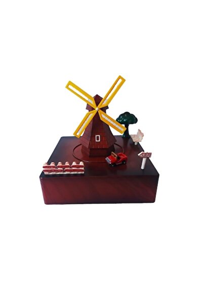 BV Music box with key, car circulates around windmill, Brown, 15 cm