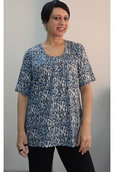 Mertcan Butik Front Smocked Blue Indigo Latte Patterned Round Neck Short-Sleeved Combed Viscose T-Shirt