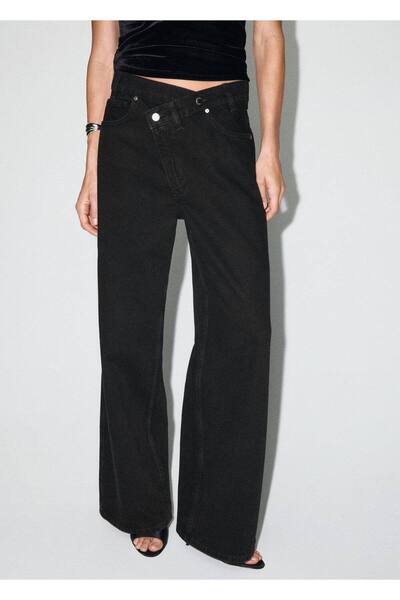 MANGO Woman Orta bel çapraz bel geniş paça jean pantolon