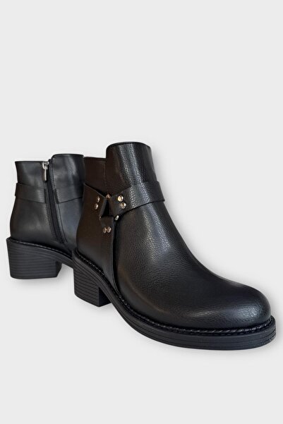 Liger Kadın Toka Detaylı Fermuarlı Kalın Topuk Bot SİYAH