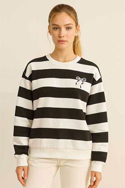 gigigiyim سويت شيرت نسائي بثلاثة خيوط مع تفاصيل شريط مخطط