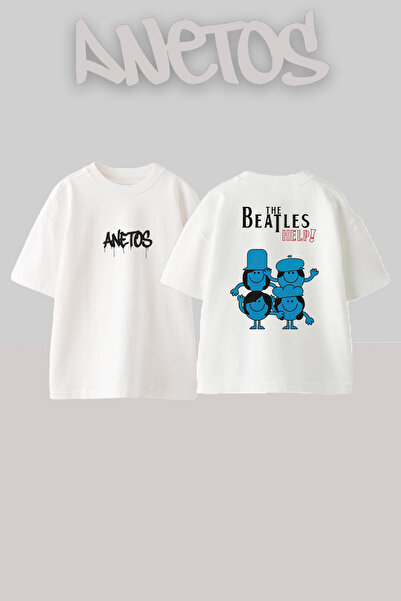 Anetos Μπλουζάκι The Beatles 5 Design Back με τύπωμα Cotton White oversized