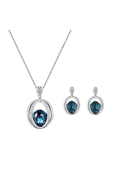 Tessero set de bijuterii pentru femei: colier cu pandantiv și cercei, zirconiu cu efect de safir, alb de 18K