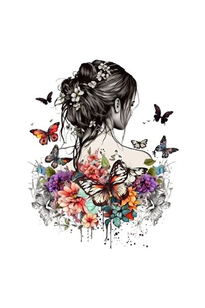 BV Autocolant decorativ - Fată, Fluturi și Flori, Multicolor, 70 cm