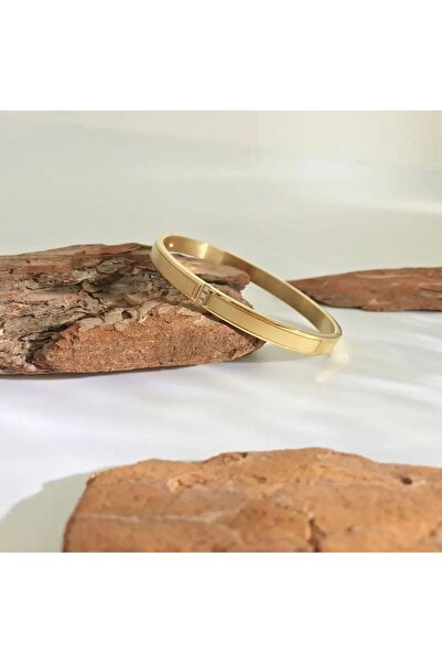 Tessero - Women's fixed bangle bracelet with 3 zirconia crystals, stainless steel, 18K gold plated,