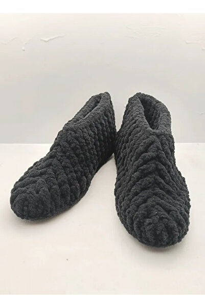 El Emeği Siyah Örme Kadın Ev Patiği - Yumuşak Dokulu, 35-36 Numara
