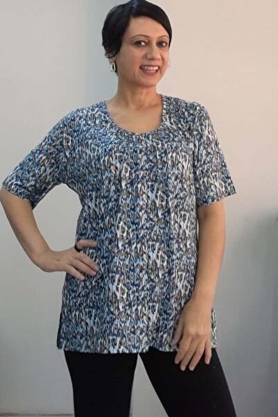 Mertcan Butik Front Smocked Blue Indigo Latte Patterned Round Neck Short-Sleeved Combed Viscose T-Shirt