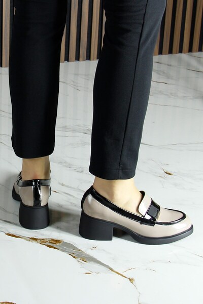 Erkan Saçmacı Mink Black Patent Leather Genuine Cowhide Buckle Thick Heeled Casual Loafer Shoes