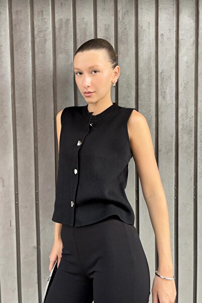 CHUBA Vestă de tricotat pentru femei, cu decolteu rotund, cu accesorii cu nasturi argintii, neagră 26W3035