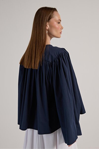 minaaise Kadın Lacivert Büzgülü Oversize Tasarım Gömlek 30018